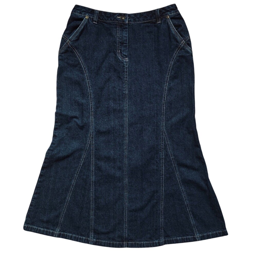 Vintage Y2K Womens 6 Flare Maxi Skirt Denim Jean Dark Blue Western Trumpet Midi